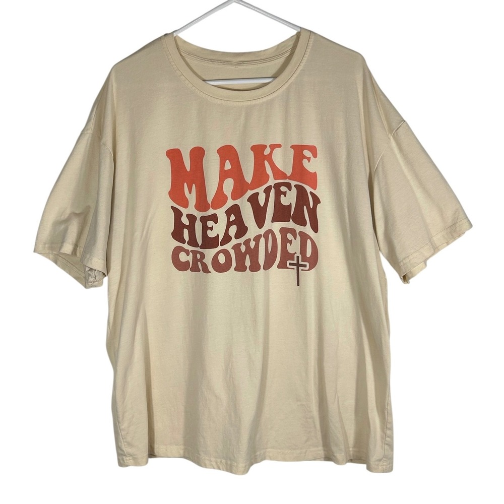 Make Heaven Crowded Graphic T-Shirt Cream Retro Wavy Font Christian Tee Women XL